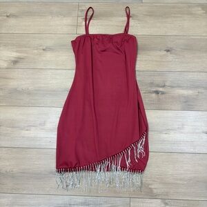 🌟2 for $10 Women’s Glamorous Burgundy Sparkly Fringe Mini Dress Sultry S